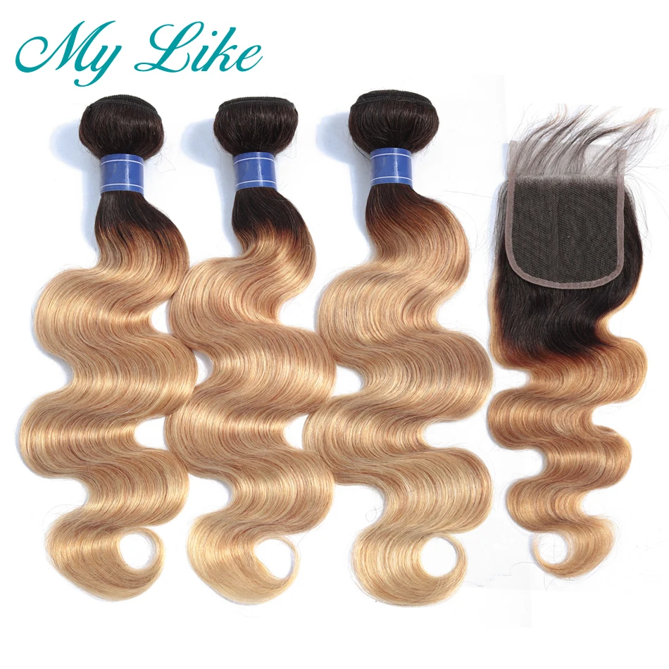 My Like прямые волосы пучки с закрытием Омбре индийские плетение 1b 27 блонд