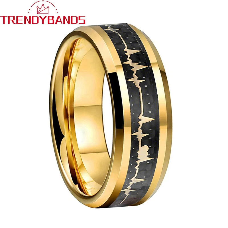 

8mm Gold Men Women Tungsten Carbide Couples Ring Heartbeat Wedding Band Black Carbon Fiber High Polished Finish Comfort Fit