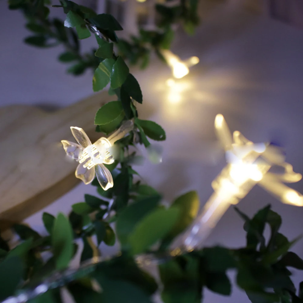 Cherry Blossom Flower LED String Green Leaf Fairy Lights 10/20/40/30/50/100 Leds Garland Lamp USB/Battery/Solar Powered Decors | Освещение