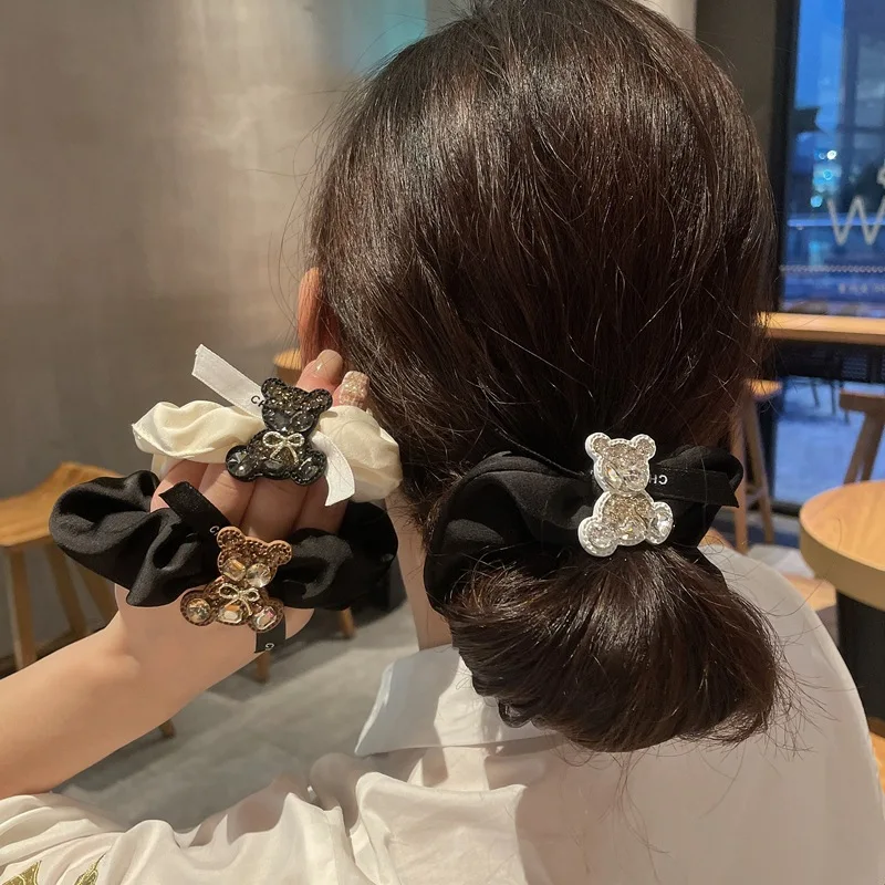 

Hair Accessories Full Rhinestone Bear Fabric Wave Hair Bands With Crystals Bowknot Ponytail Hair Tie Fashion Hair Rope New