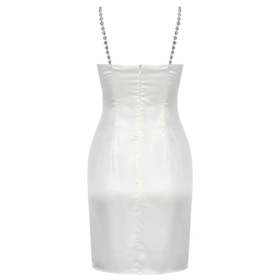 

High Quality Summer Women Sexy White Luxury Silk Dress Hollow Diamond Spaghetti Celebrity Cocktail Dress Nightclub Prom