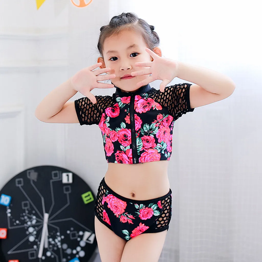 Купальник с коротким рукавом и цветочным принтом для девочек|Детские