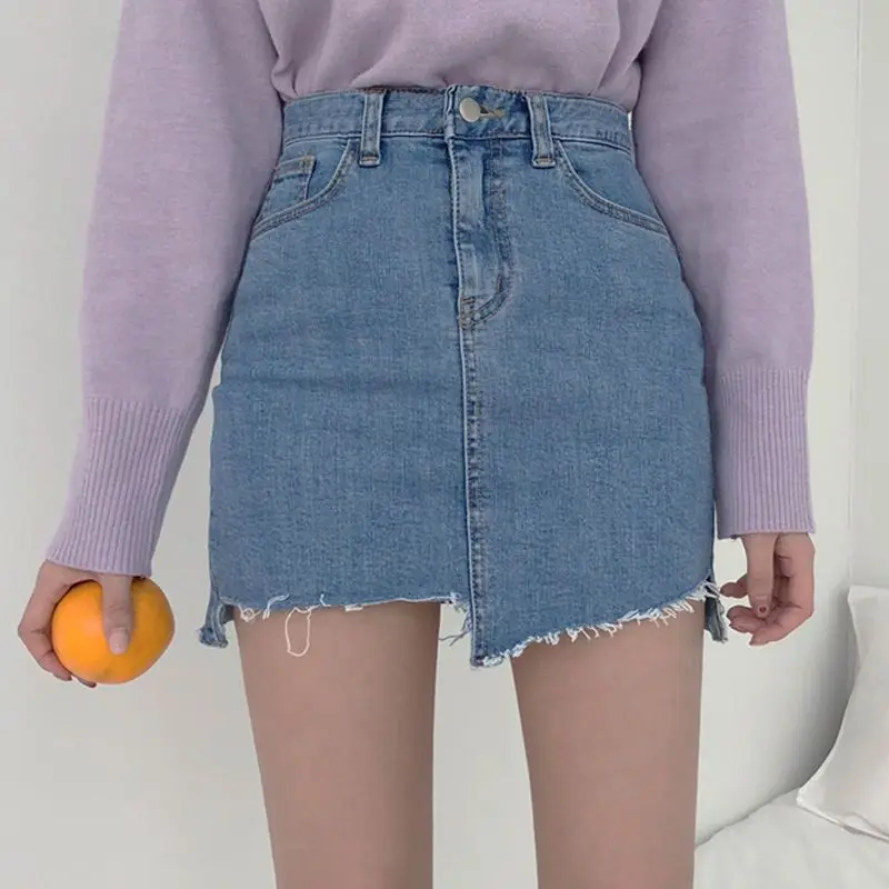 

Джинсовая юбка с высокой талией, Корейская версия, модная новая нестандартная короткая юбка, универсальная тонкая юбка на бедрах, 2021