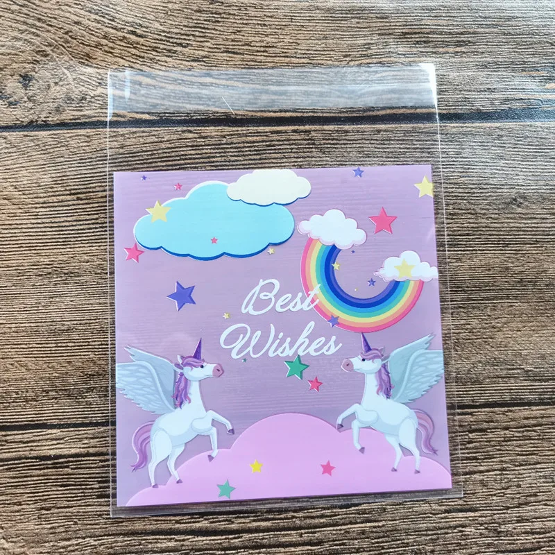 

100Pcs Pink Unicorn Self Adhesive Plastic Packaging Bags Best Wishes Cookie Packing Bags Party Gifts Bag 10x10cm