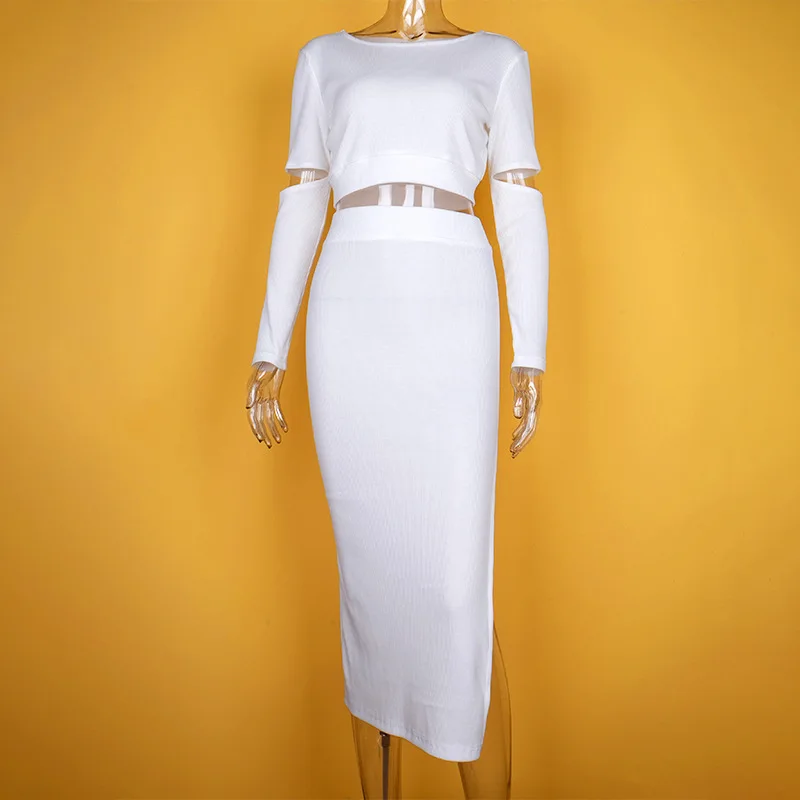 

2020 Autumn Winter Women Two Piece Set Outfits Sweater Set Sexy Hollow Out Sweater Crop Top + Side Split Knited Skirt Suit Sets