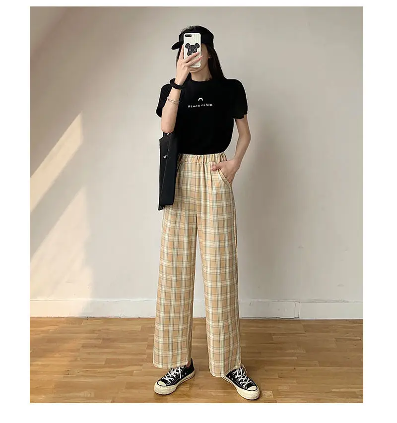 

MINGLIUSILI Korean Style Plaid Pants Spring Fashion 2021 Wide Leg Pant Women Lattice Print High Waist Plus Size Pants Women