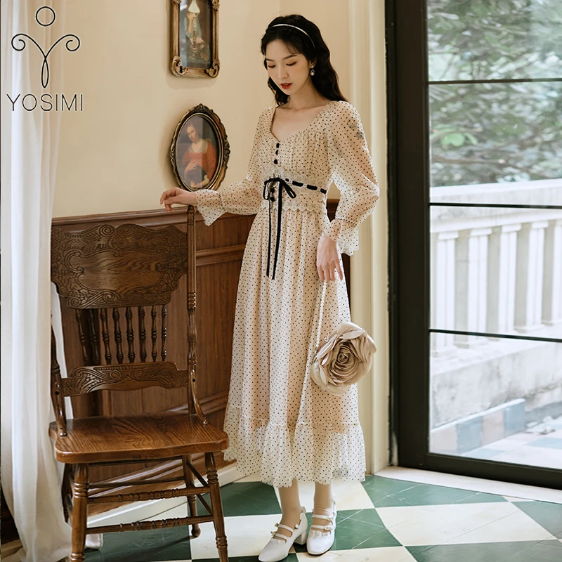 

YOSIMI Beige Long Women Dress 2021 Summer V-neck Voile Ankle-Length Lace Sashes Empire Long Sleeve Evening Party Dress Female