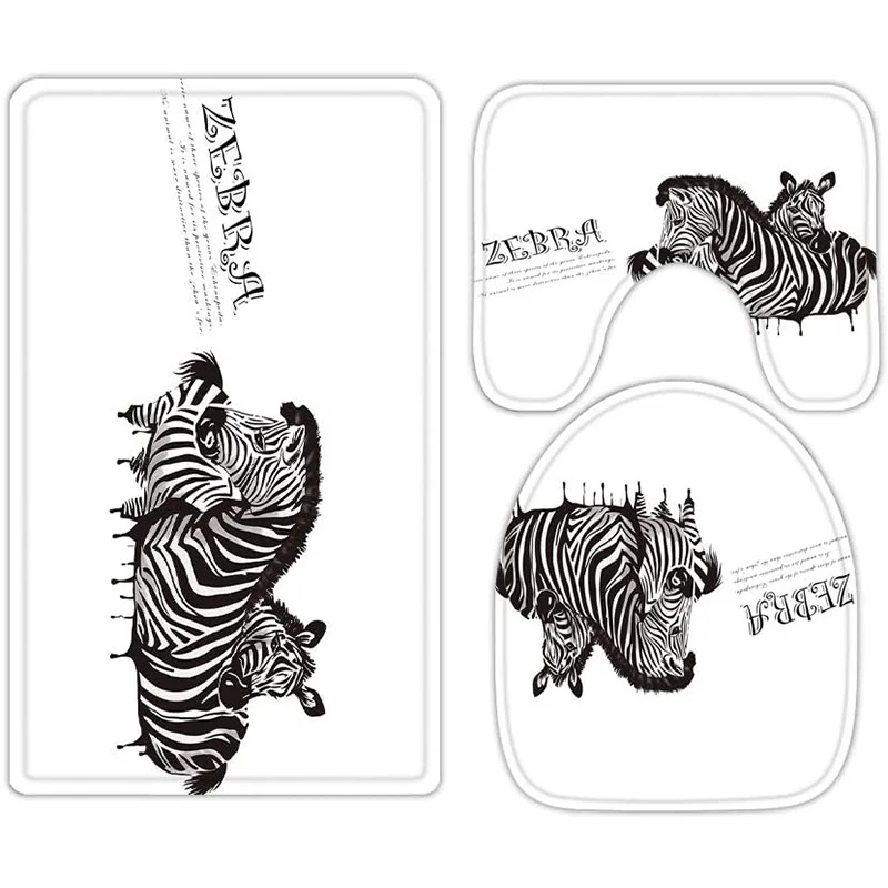 

Black and white theme fun animal zebra 3-piece bathroom carpet, U-shaped cushion, non-slip goose down toilet seat, washable