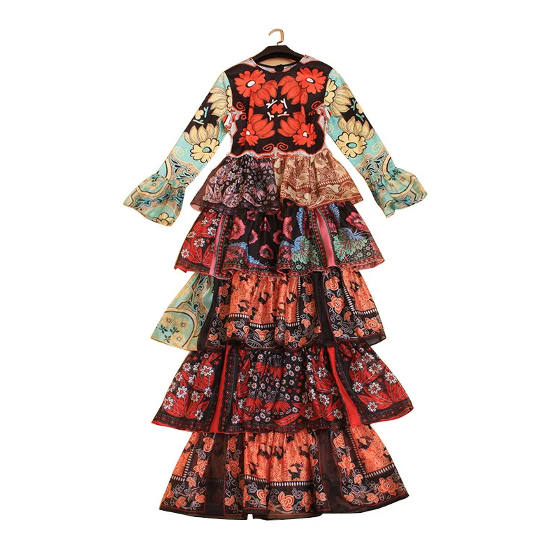 

Ladies High-End Maxi Dress Fashion Round-Neck Flared Sleeves Printed Cake Dress Banquet High Waist Slim Retro Dress Floor-length