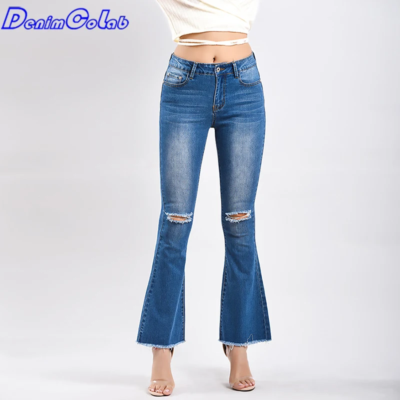 

DenimCoalb Vintage Elastic Flared Pants Women Casual Skinny With Holes Jeans Trousers Stretch Fringe 2021 Office Lady Jeans