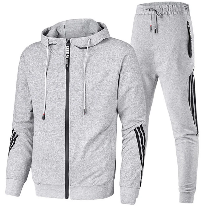 

Spring Autumn Striped Sportswear Man Running Sets Tracksuit Hooded Bodybuilding Outdoor Rashgard Fitness 2 Piece Sports Suits