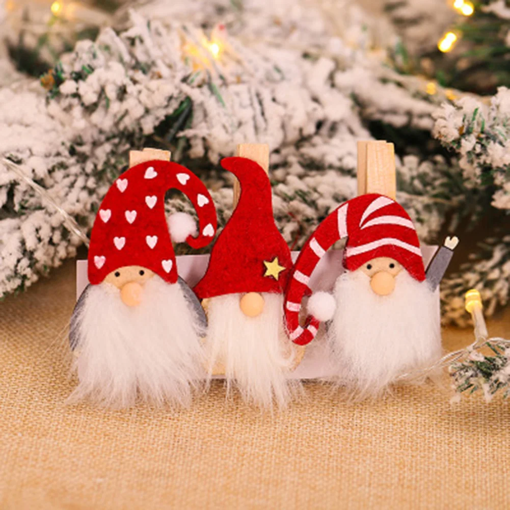 3pcs Christmas Wooden Clips Elk Santa Claus Faceless Doll Pendant Xmas Tree Decoration Mini Cilps Festival Party Gifts for Kids - купить по