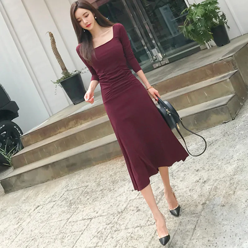 Женское трикотажное платье миди с квадратным вырезом и длинным рукавом|Женские