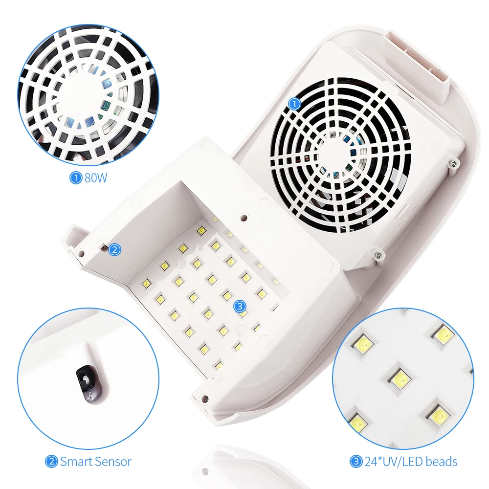 Сушилка для ногтей 2 в 1 с мощным вентилятором и пылесборником 80 Вт светодиодный