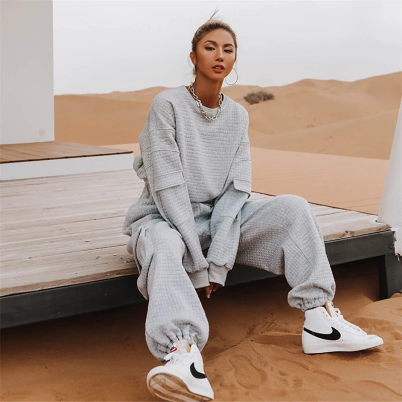 

Женский спортивный костюм из 2 предметов, Повседневный пуловер с круглым вырезом и брюки, одежда для улицы, весна-осень