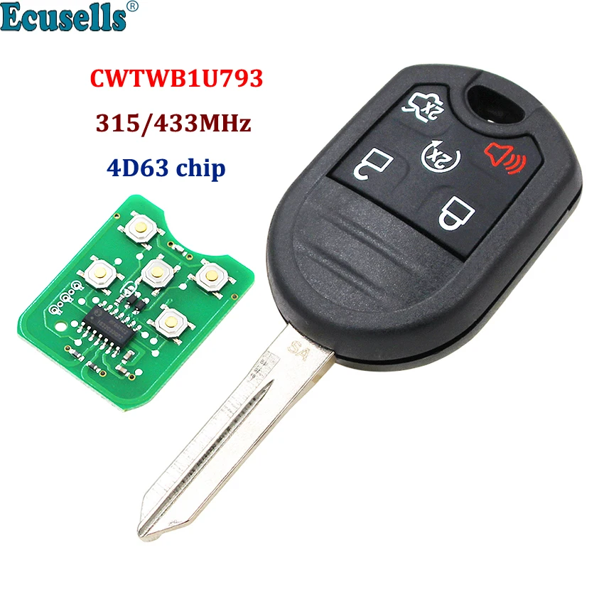 

5 Button Remote Key Fob for Ford Expedition Explorer Taurus Flex 315/433MHz with 4D63 80bit Chip FCC: CWTWB1U793