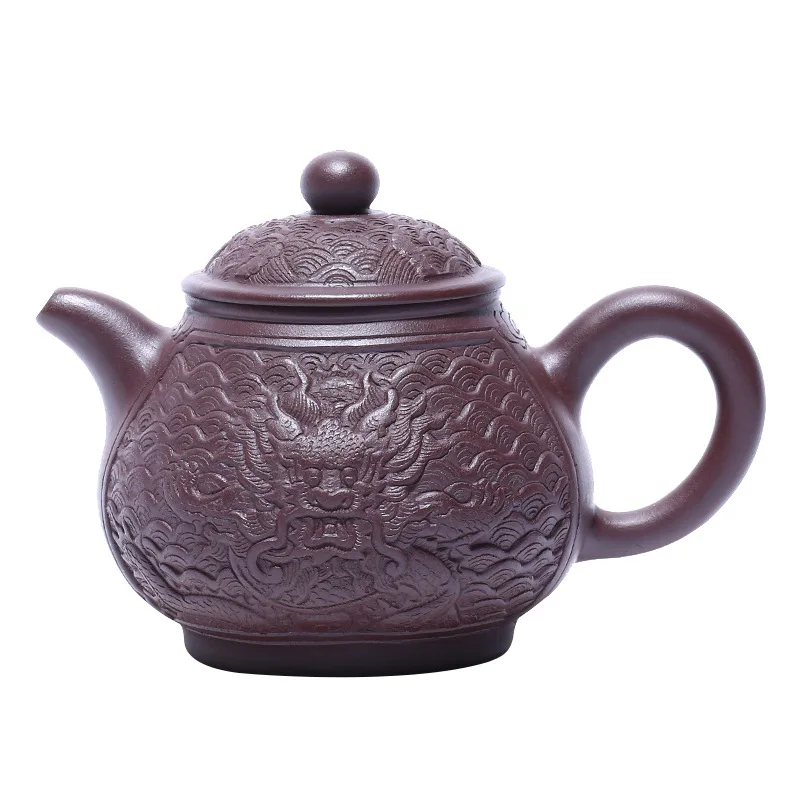 

Yixing famous teapot handmade raw material purple clay pan teapot hand carved dragon pattern purple clay teapot gift tea set