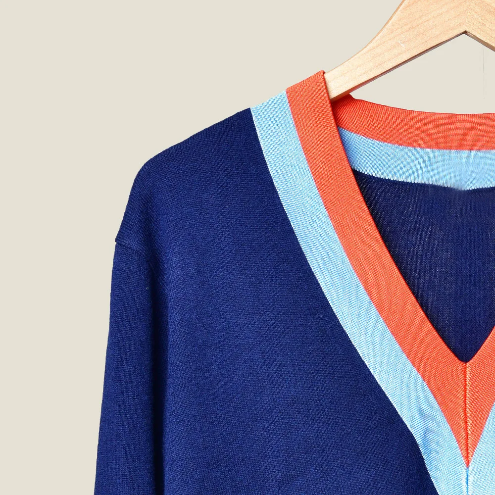 Женский элегантный шерстяной вязаный свитер с v-образным вырезом в полоску, вязаный пуловер