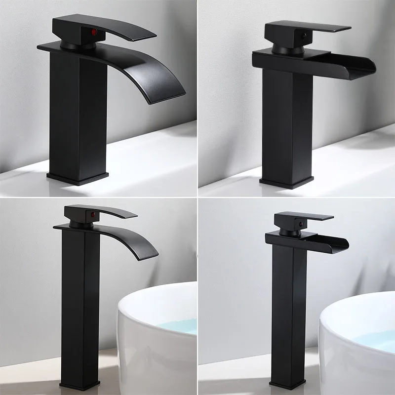 Смеситель водопад для раковины в ванную комнату настенный черный кран холодной и