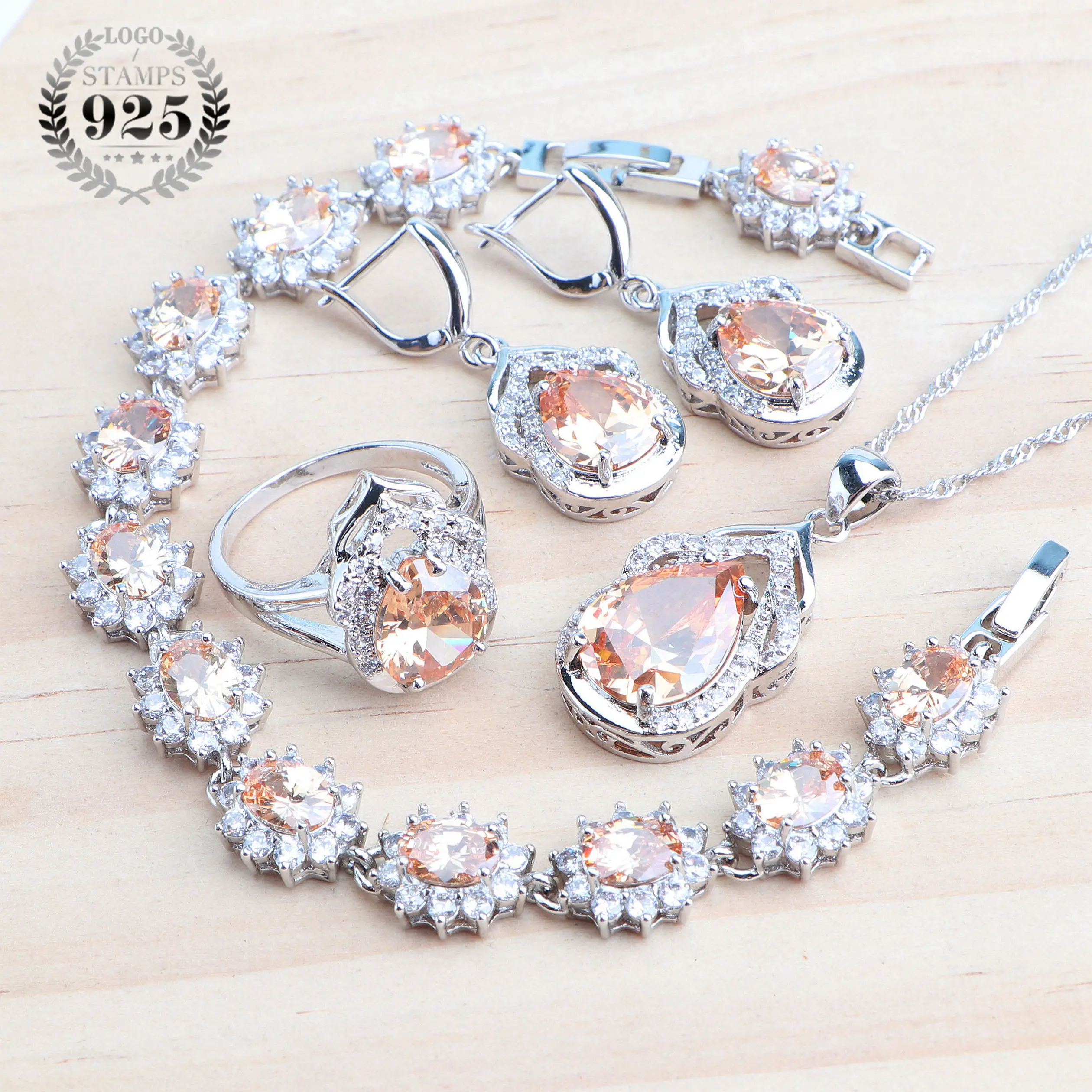 

White Stones 925 Silver Jewelry Sets Wedding Rings/Bracelets/Bridal Ladies Cubic Zirconia Earrings Necklace Set For Women