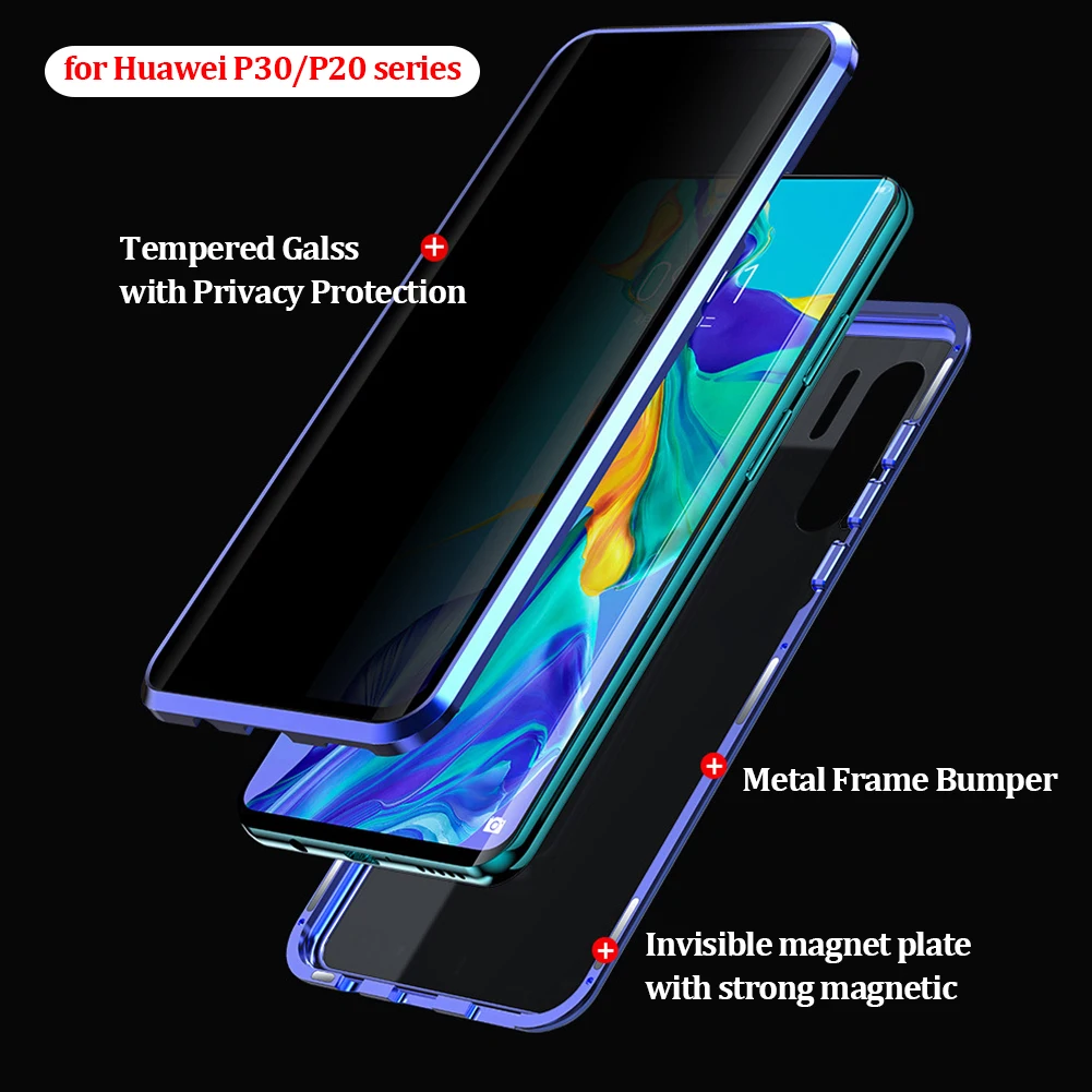 magnetic privacy metal case for huawei p30 pro lite cover anti spy double side tempered glass cover for huawei p30 pro p40 funda free global shipping