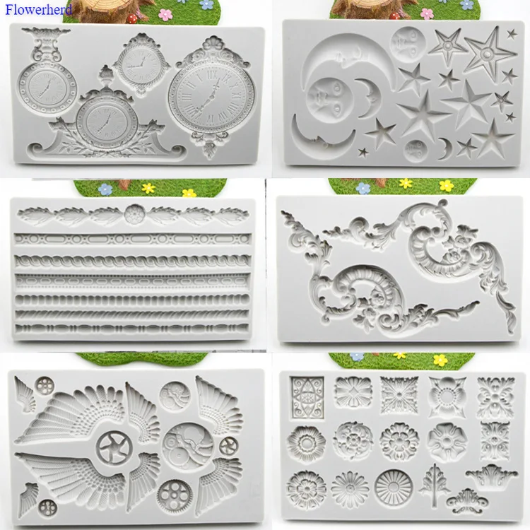 

New European-style Retro Embossed Clocks Stars Moon Pearl Wings Chocolate Mold Fondant Cake Silicone Mold Cake Decors