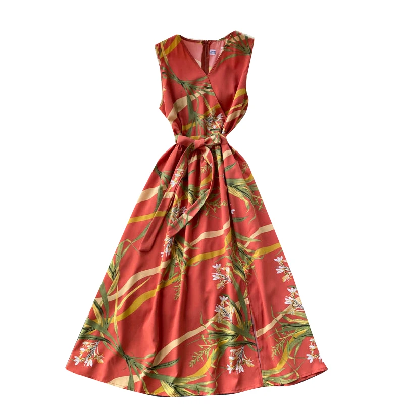 

Vintage maxi Dress summer new style temperament V-neck tie waist thin midi long sleeveless printed holiday dress vestidos