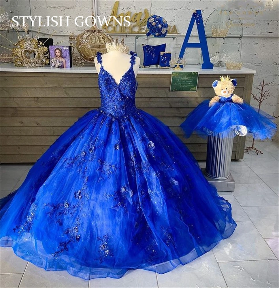 

Royal Blue Sweetheart Quinceanera Dresses Princess Beaded 3D Flowers Ball Gown Pageant Graduation Party Sweet 16 15 Robe De Bal