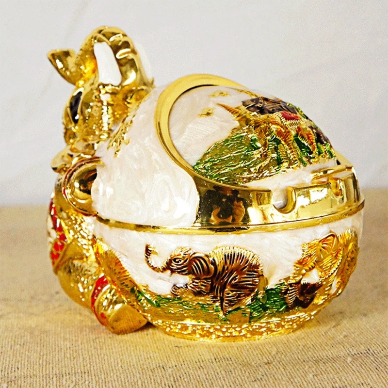 

Vintage Elephant Decorative Windproof Ashtray with Lid Metal Portable Decorative Tray Cigarette Holder Tobacco Smoke