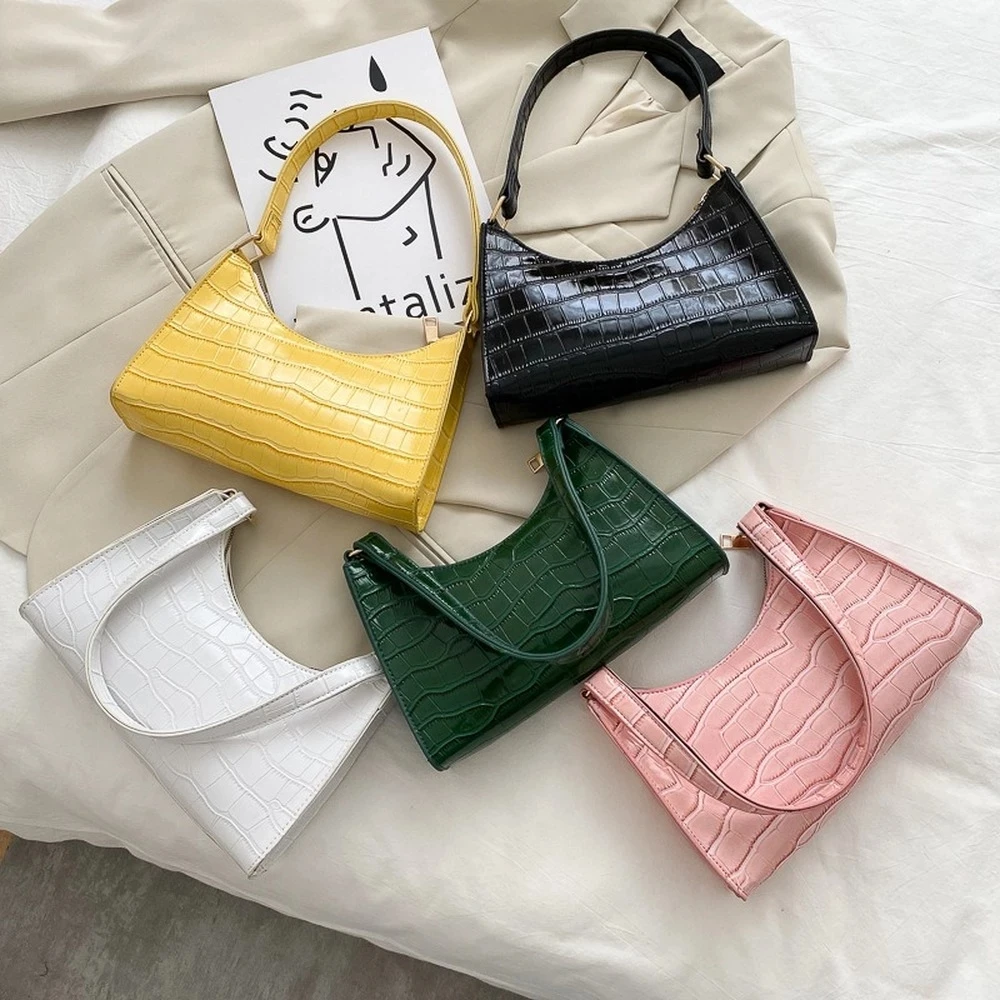 

Fashion Women PU Leahter Hand Bag Tote Soild Color Crocodile Pattern Shopping Bag Retro Casual Zipper Shoulder Pouch