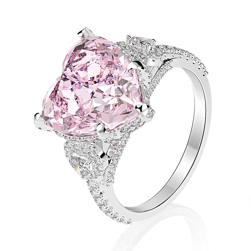 

OEVAS Sparkling High carbon Pink Diamond 925 Sterling silver Wedding rings for women Luxury 12mm 11 carats CZ Party jewelry Gift