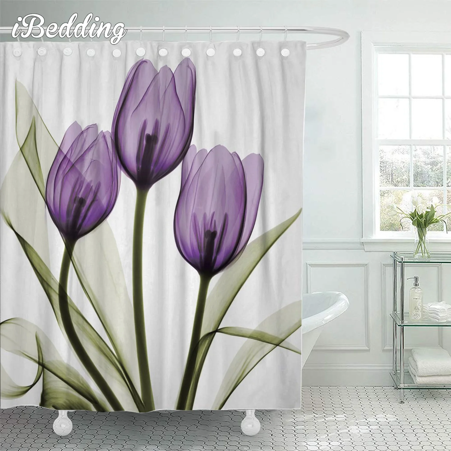 

Занавеска для душа с цветочным рисунком, водонепроницаемая шторка для ванной комнаты, с крючками, комплект розового цвета