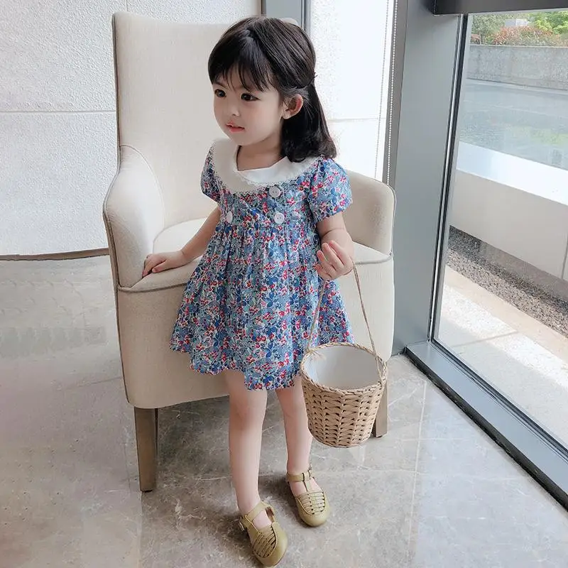 

Kids Little Girls Handmade Smocked Floral Flower Print Dresses 2021 Spring Summer Toddler Girl Princess Vintage Smock Dress