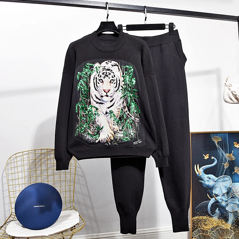 

Женский трикотажный костюм, свитер с тигровым узором и брюки-карандаш, свободный, Повседневный, с блестками