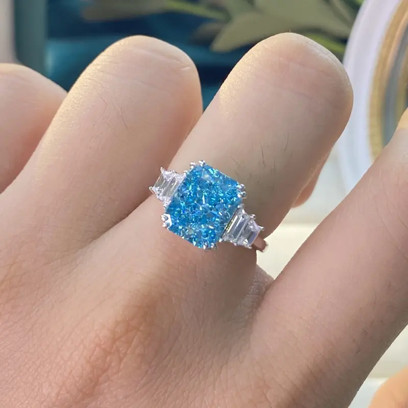 

Jazaz Fine 100% 925 Sterling Silver Aquamarine Wedding Rings For Women Sparkling High Carbon Diamond Lady Engagement Party B0895