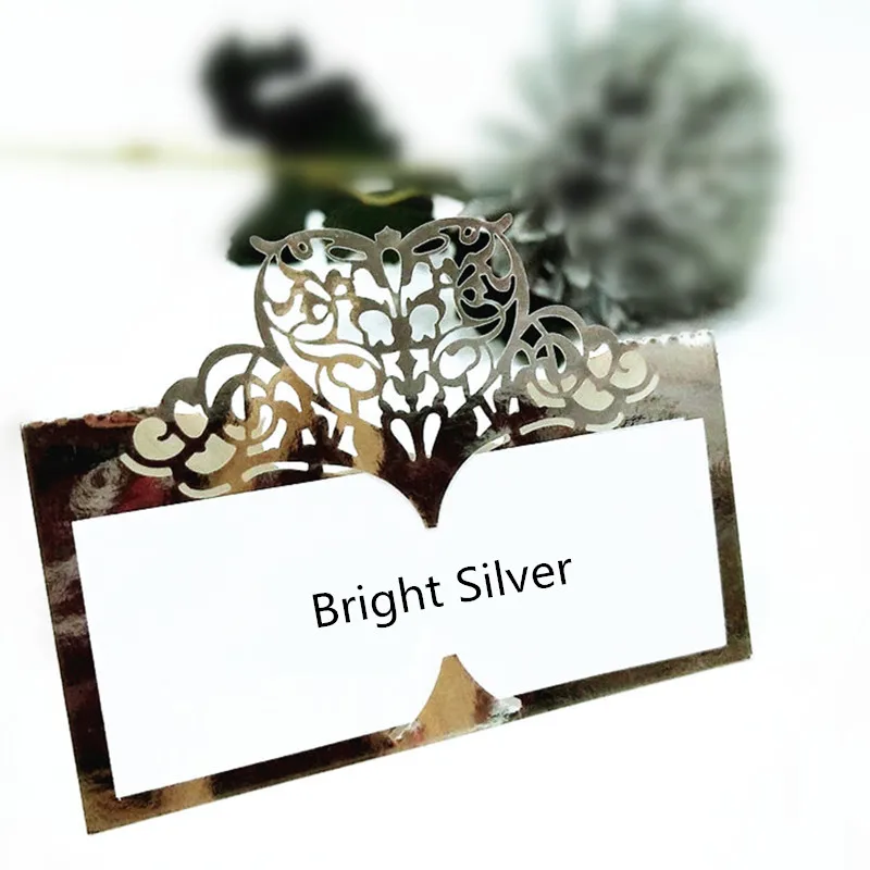 Bright silver 50 шт., винтажные вырезанные лазером сердечки, номер стола, имя, карта, место, карты, место, карта, украшение для свадьбы, банкета, дня рождения, 5Z - Цвет: Bright silver