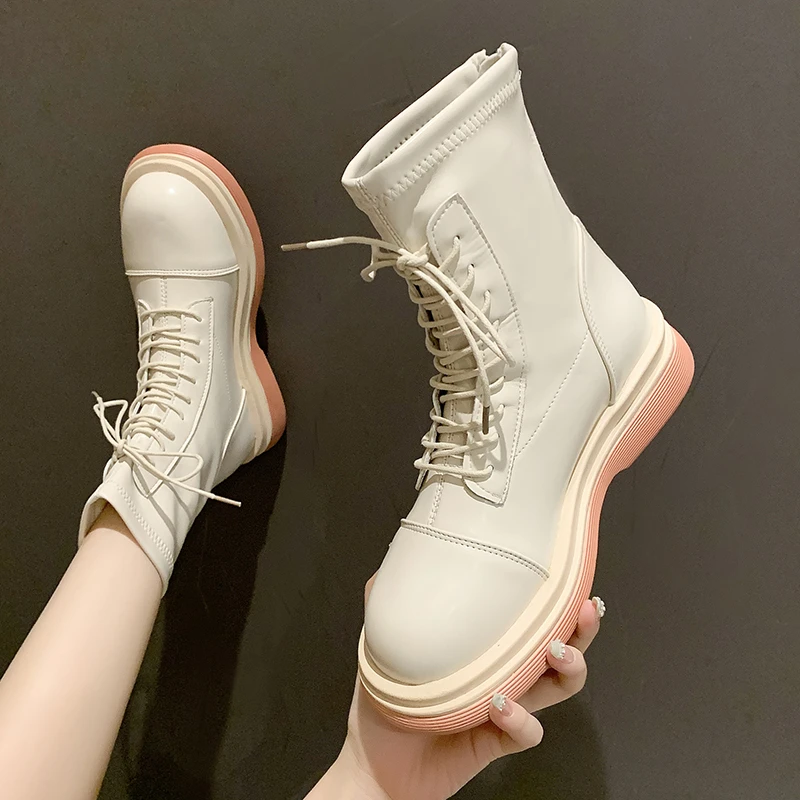 

Женские ботильоны 2021, весенние мотоциклетные ботинки, обувь на платформе и толстом каблуке, женские нескользящие модные ботинки с круглым н...