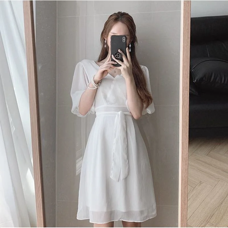 

KUSAHIKI Korean Chic Mesh Woman Dress Puff Sleeve V-neck Dresses Spring Summer Bandage Slim Waist Elegant Vestidos Mujer 6H064
