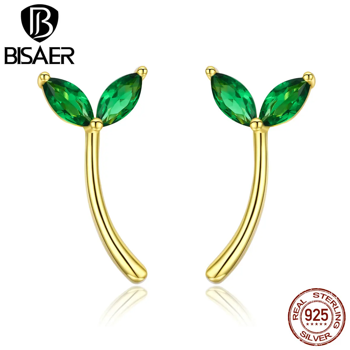 BISAER, серьги-гвоздики, подлинные, 925 пробы, серебро, зеленый, CZ, камень, лист, серьги для женщин, дизайн, модное ювелирное изделие GAE019