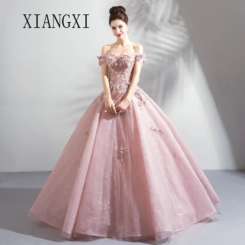 

XIANGXI Pink Evening Dresses Long Ball Gown Off The Shoulder Floor Length Formal Party Gowns Prom Dress Vestido De Festa Longo