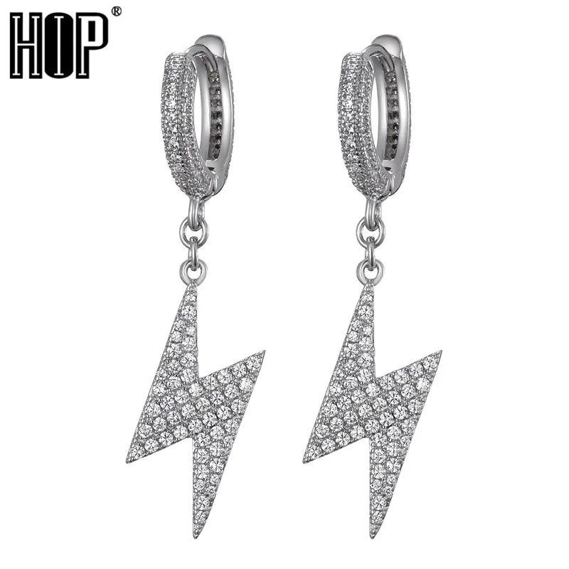 

Lightning Bolt Hoop Earrings Micro Paved AAA+ Bling CZ Cubic Zircon Gold Color Color Earrings For Women Men Hip Hop Jewelry