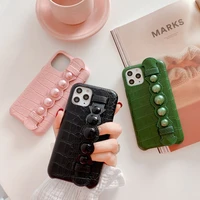 leather case for iphone 11 pro x xs max xr 7 8 plus se 2020 pearl hand strap stand back cover hot promotion