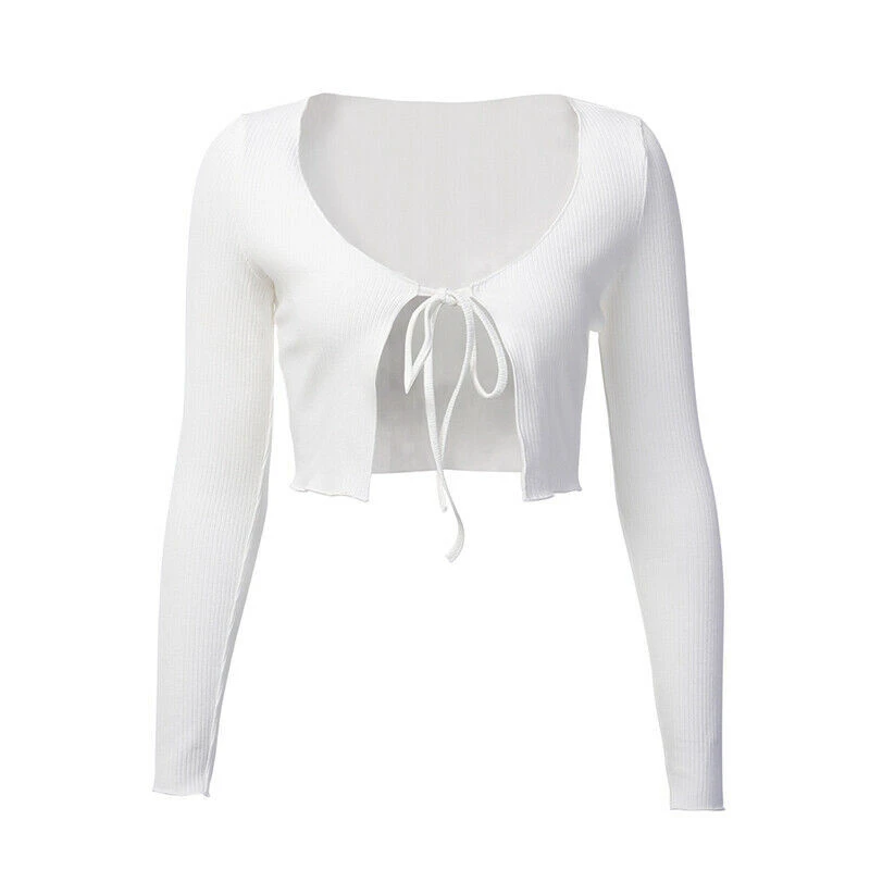

New Women Knitted Lacing Front Sweaters Sexy Long Sleeve Crop Top Slim Stretchy Solid Cardigans 2019 Autumn Lady Tops Clothing