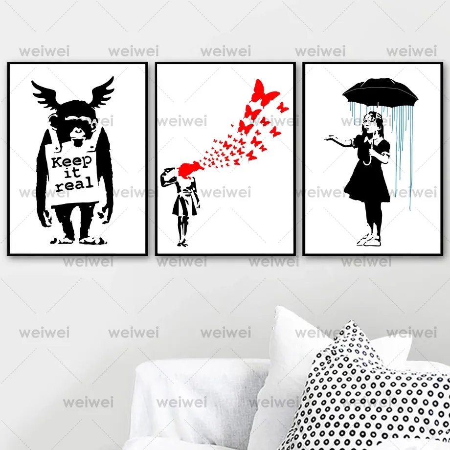 Граффити Бэнкси абстрактный зонт девочка орангутан сатира настенное искусство