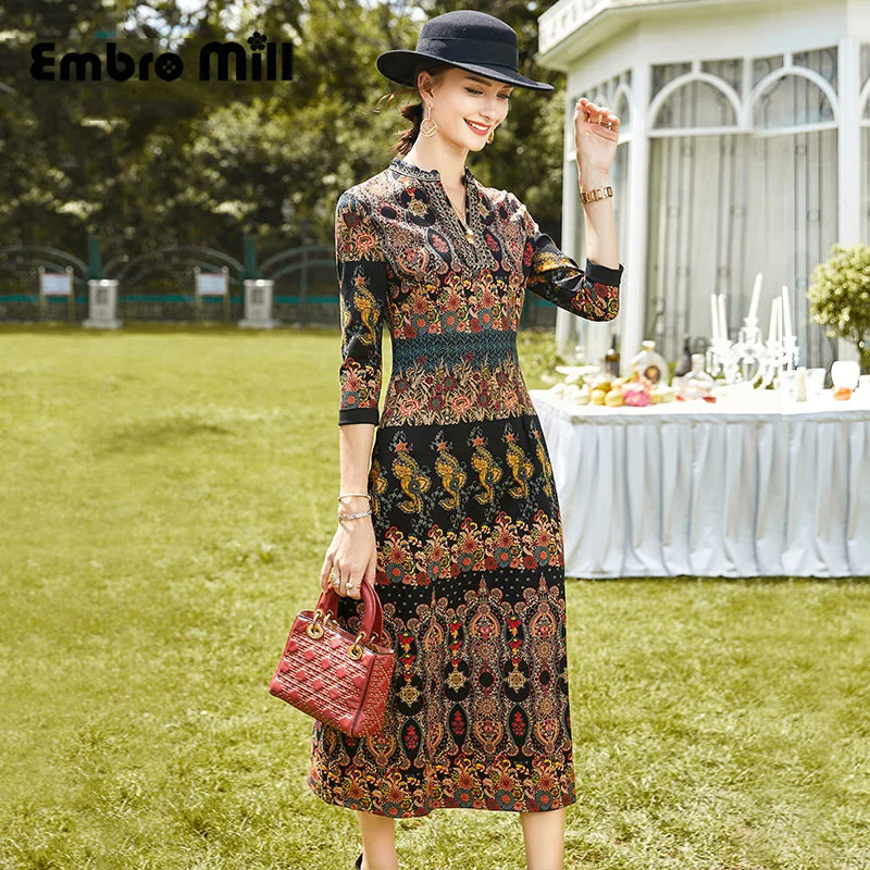 

Autumn New Luxurious Ladies V-Neck High Waist Dress Street Style Three Quarter Sleeve Slim Elegant A-line Dress S-XL