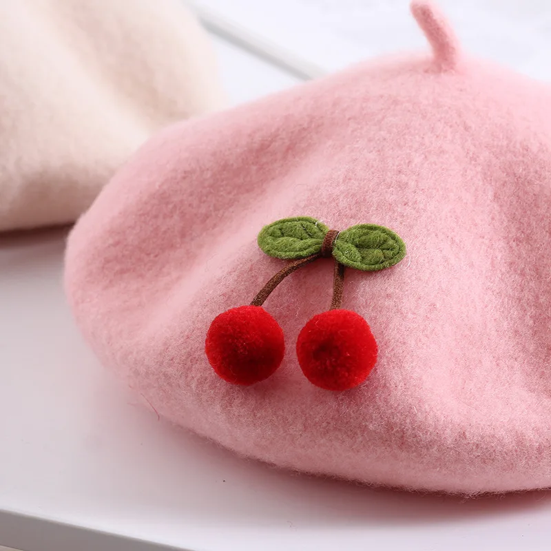 Cherry Beret  Children’s Child’s 2-6 Autumn Winter Warm Girl Pure Color Cute Japanese Style Handmade Fashion Painter Berets Kids Hats Headwear for Girls Toddlers in Pink