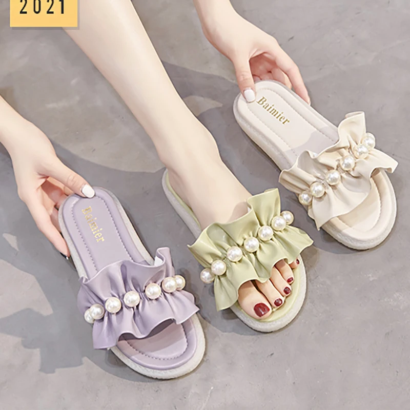 

Shoes Woman 2021 Slippers Summer Low Pantofle String Bead Luxury Slides Shale Female Beach New Designer Flat Sabot Basic Fashion