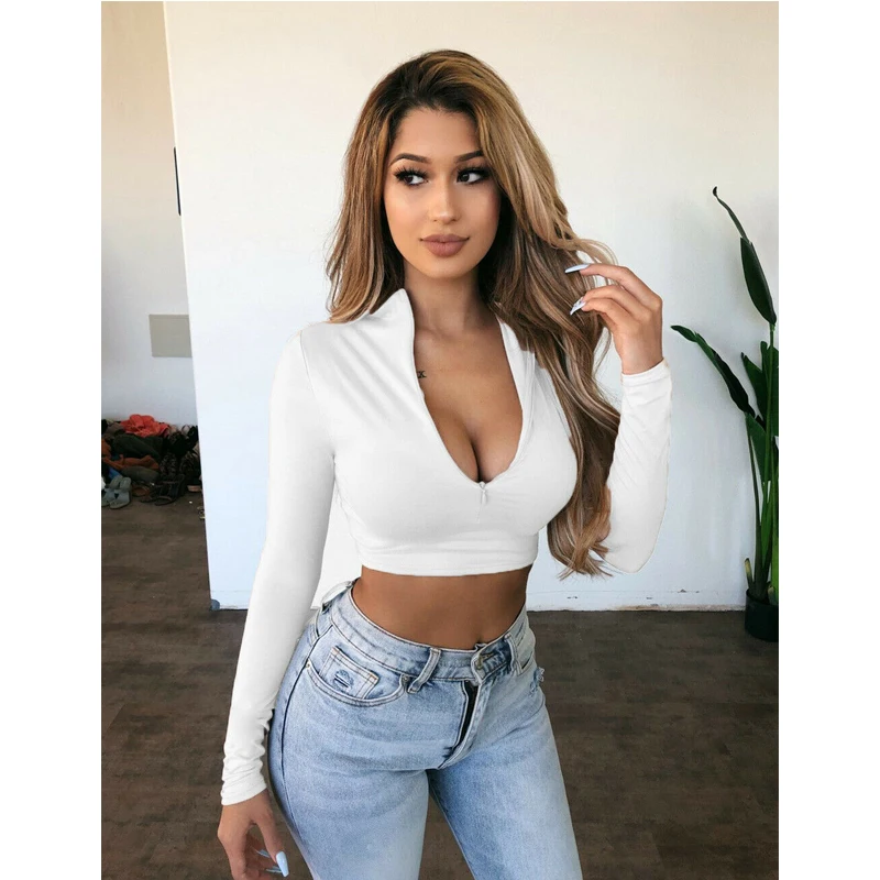 Кроп-Топ женский Meihuida однотонный с длинным рукавом глубоким V-образным вырезом |