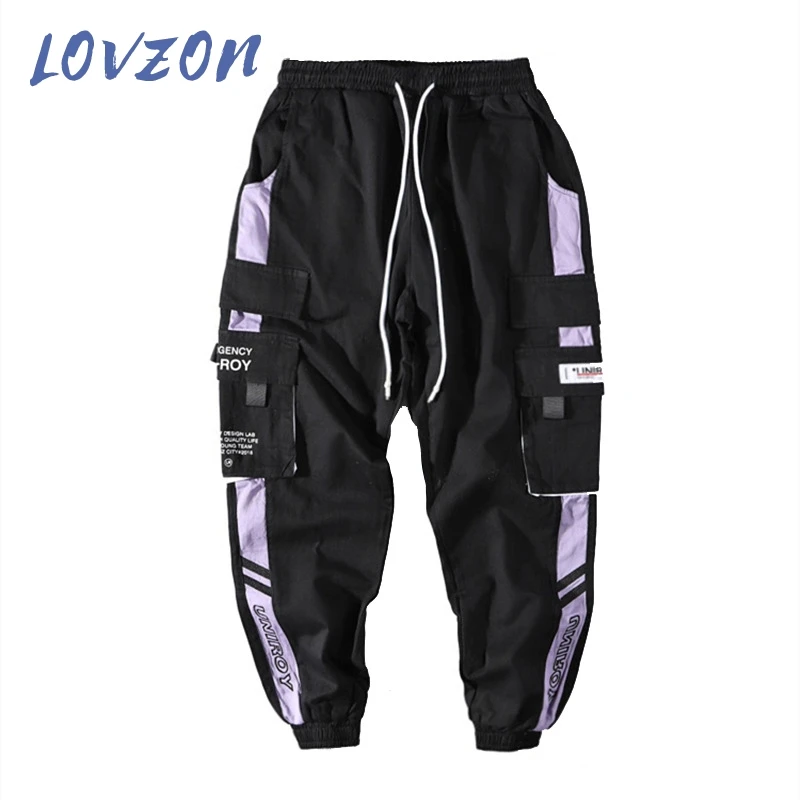 

LOVZON 2021 New Fashion Male Elastic Waist Pant Hip Hop Ribbons Cargo Pants Men Joggers Pants Mens Streetwear Military Pants