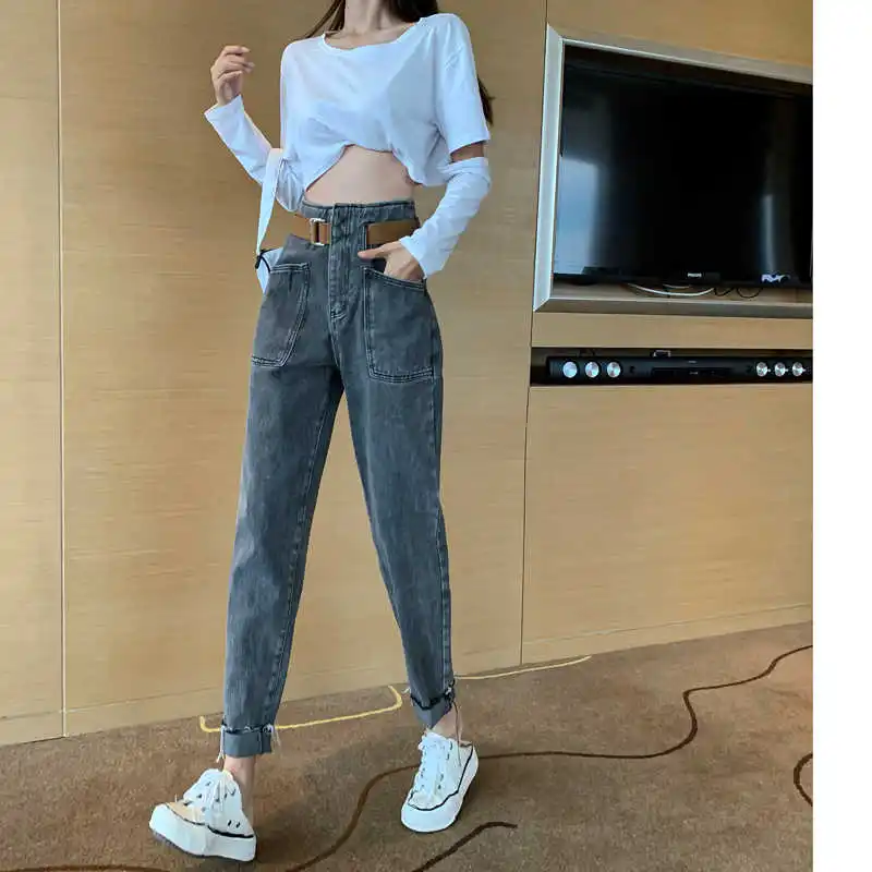 

Брюки женские с завышенной талией, тонкие крутые шаровары с поясом, облегающие укороченные брюки в стиле ретро, джинсы, Весенняя трендовая о...